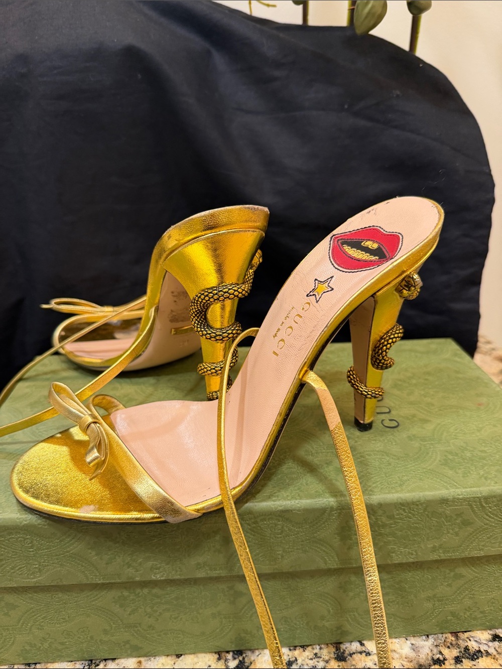 Gucci Metallic Gold Snake-Embellished Strappy High Heel Sandals